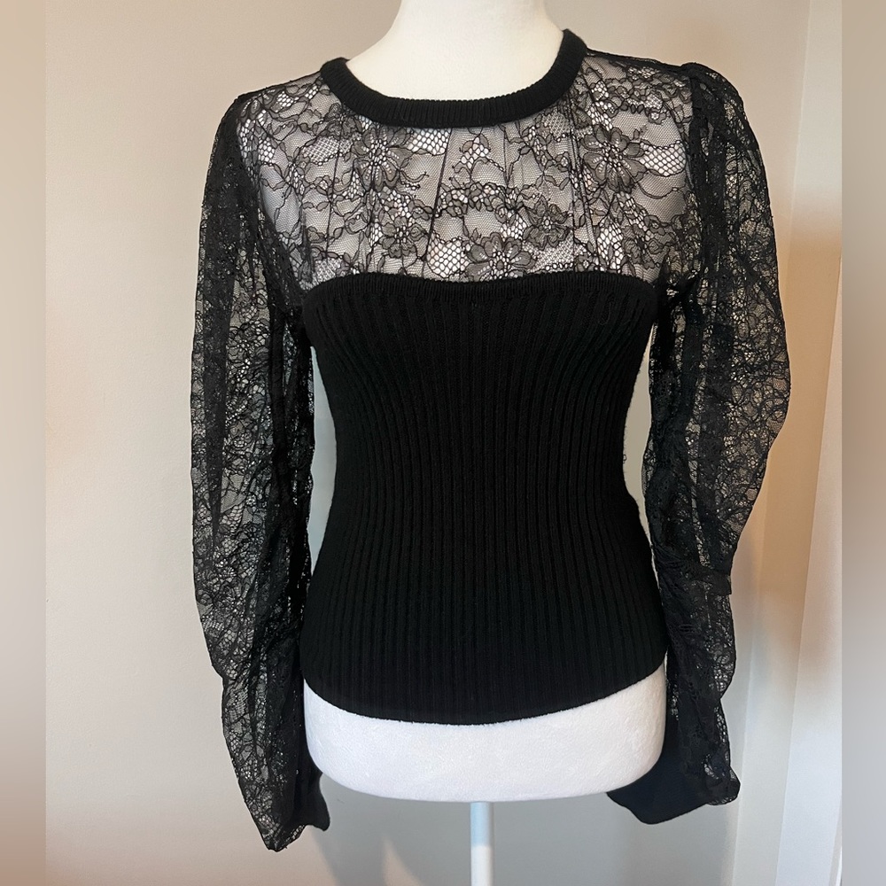 Lace Balloon Sleeve Sweater Top Blouse